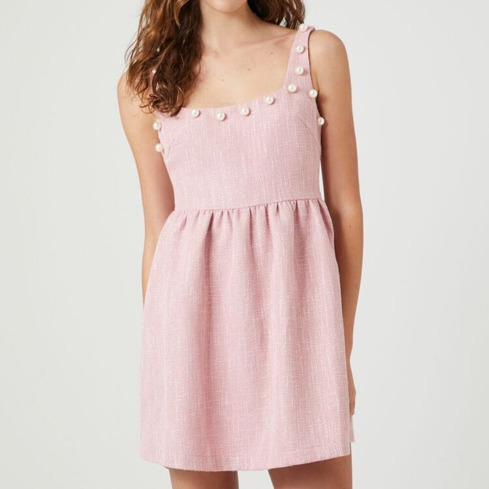 NWT Forever 21 Pink Faux Pearl-Trim Tweed Mini Dress (Size S)